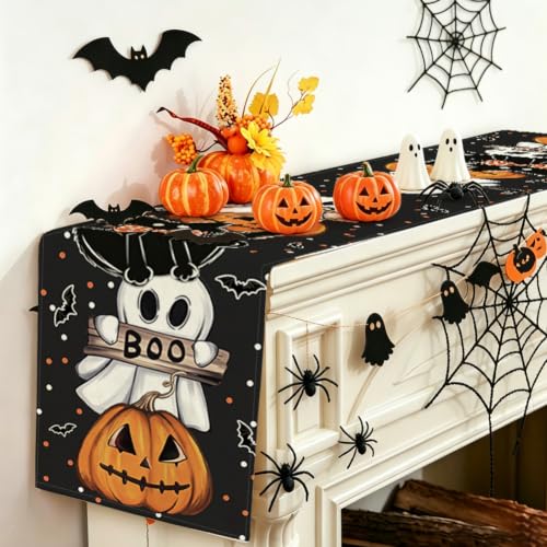 Halloween Table Runner 13x72 Inch Polka Dot Ghost Pumpkin Cat Decor - Black