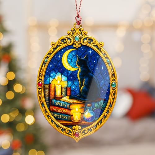 Halloween Christmas Cat Ornament - Gothic Witch Decor & Suncatcher Effect Window Decoration