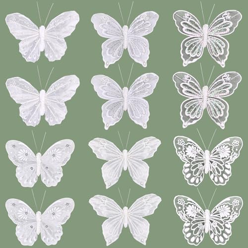 White Feather Butterfly Decorations with Glitter & Pearls - 3.9 Inch Clip-On Craft Ornaments for Weddings & Parties