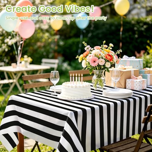 Black & White Stripe Tablecloth 2 Pack - 54 x 108 Inch Rectangular Disposable Cover - Party & Event Use