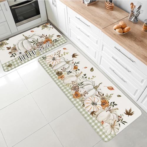 Autumn Kitchen Rugs Set of 2 - Non-Slip Watercolor Pumpkins & Floral Mats