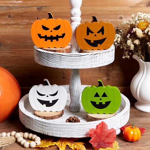 4 PCS Fall Pumpkin Wooden Decor Set - Autumn Halloween Desk Ornaments