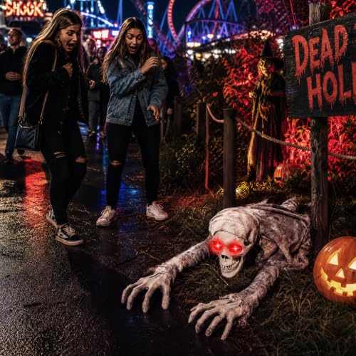 Crawling Zombie Animatronic Halloween Decoration with Light-Up Red Eyes & Sound