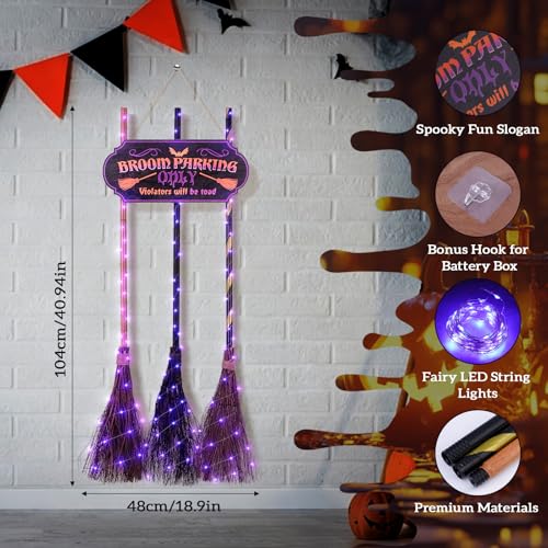 Halloween Broom Parking Sign with 3 Witch Brooms & Purple Lights - Whimsical Outdoor Decor