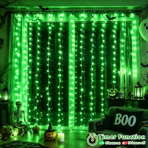 Green Halloween LED Curtain Lights - 300 LEDs, 8 Modes, Waterproof, 9.8x9.8ft, Connectable