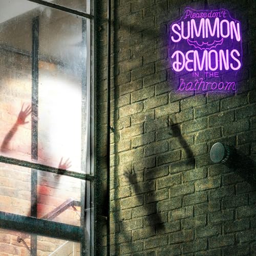 Purple Please Don't Summon Demons in the Bathroom Neon Sign Halloween Decor