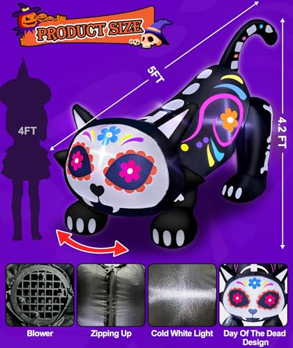 5 Ft Day of The Dead Skeleton Cat Inflatable Halloween Decor with Lights