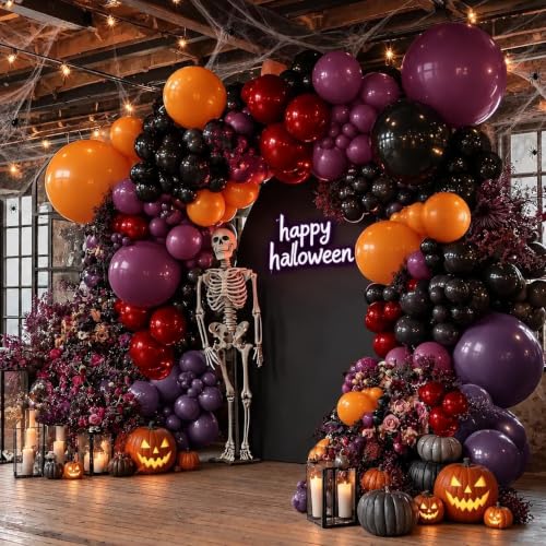 Halloween Balloon Arch Kit Double Stuffed Black Purple Orange Balloons for Spooky Party Decorations - Variation Black Purple Orange