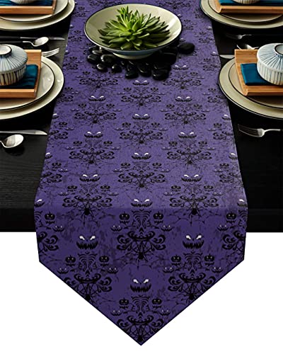 Halloween Black Spider Web Bat Table Runner - Cotton Linen, 13x108 Inches - Purple Variation