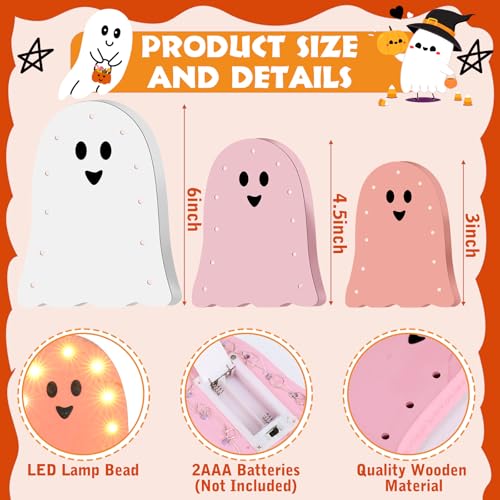 Halloween Ghost LED Table Centerpiece Set - Pink & White Wooden Decor for Home & Party