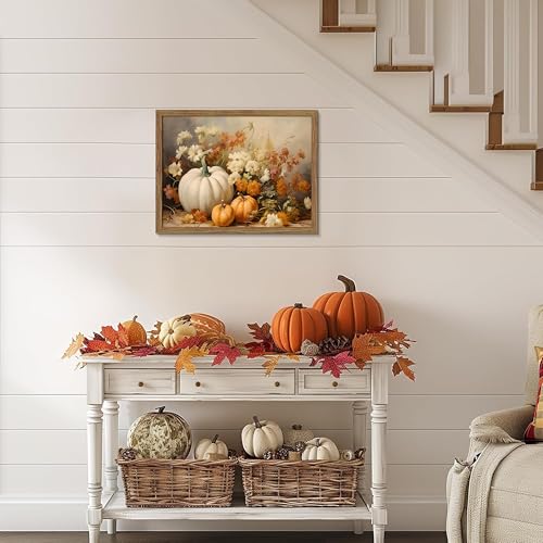 Autumn Pumpkin Wall Art - Framed White Pumpkin & Floral Canvas, 16x12in Rustic Fall Decor