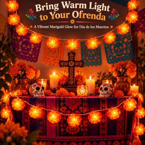 Orange Marigold Garland Lights - 9.8ft 20 LED Artificial Flowers, 4 Pack