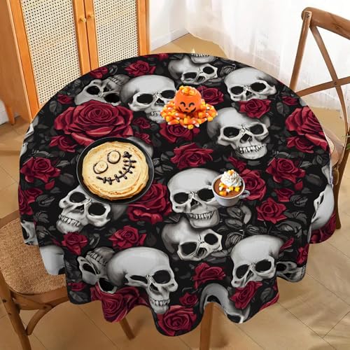 Halloween Gothic Skull Rose Round Tablecloth 70 Inches - Spooky Party Decor