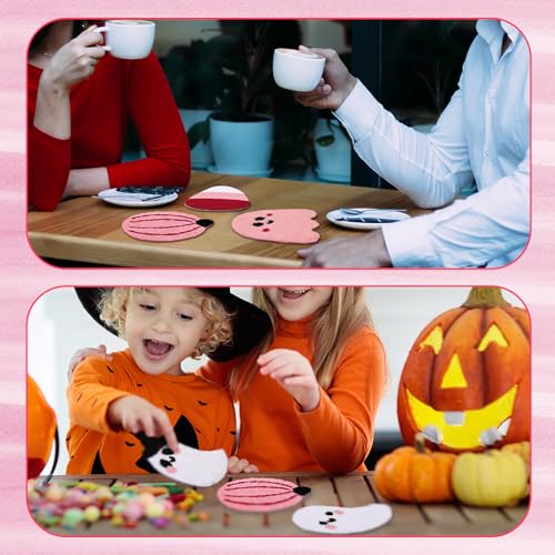 Pink Halloween Coasters Set - Ghost Pumpkin Candy Corn Decor, 6 Pieces