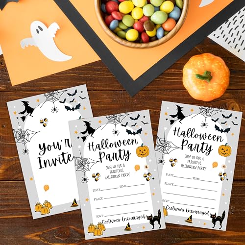 Halloween Party Invitations with Envelopes - Spider Web Pumpkin Black Cat - Black & White, Fill-In Style, Pack of 20