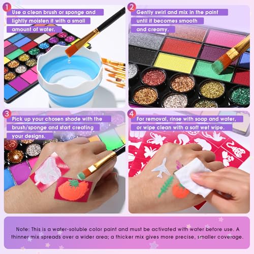 42 Colors Face Painting Kit - Water-Activated Face & Body Art Set for Halloween & Parties