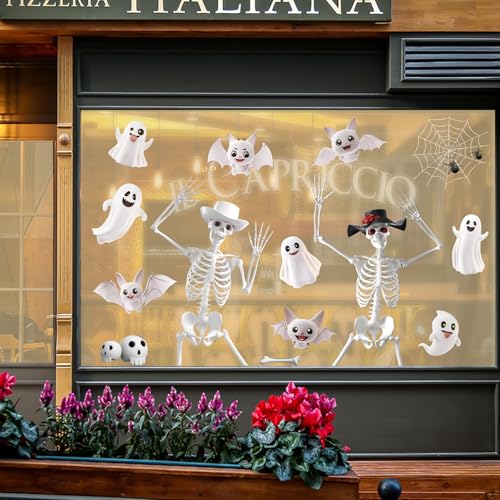 Giant Skeleton Halloween Window Clings - Spooky Ghosts Bats & Bones - Reusable Decorations for Glass Doors & Windows