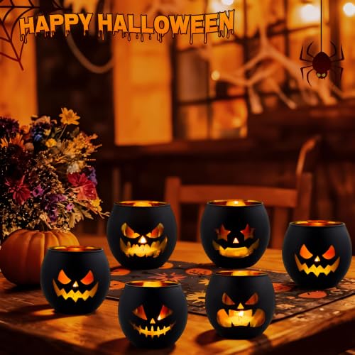 Aobray Halloween Votive Candle Holders - Jack O Lantern Tealight Set - Spooky Pumpkin Design