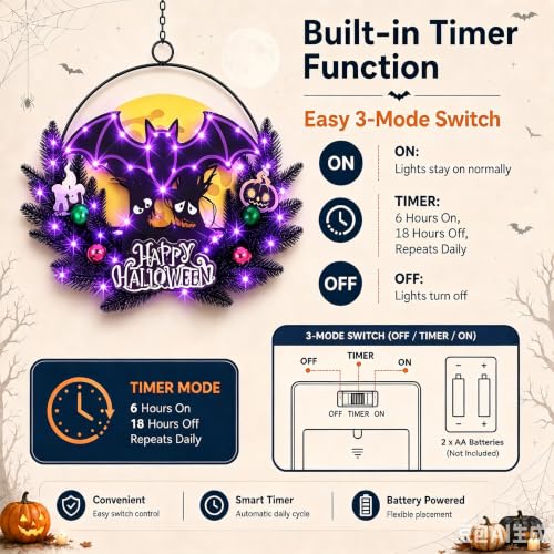 Pre-Lit Halloween Wreath for Front Door with Bat Decoration, Lighted Witch, Timer Function