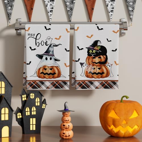 Halloween Ghost Cat Kitchen Towels Set of 2 - Spooky Dish Drying Hand Towels