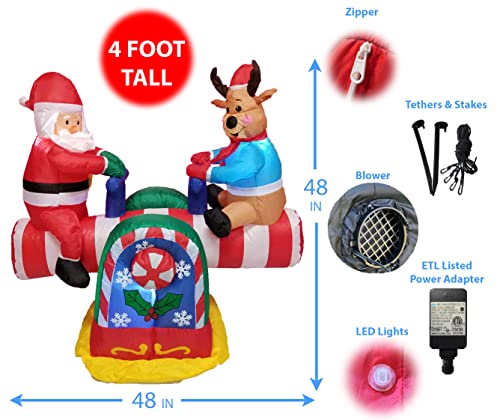 Animated Christmas Inflatable Santa and Reindeer Yard Decor - 4 Feet Lighted See-Saw