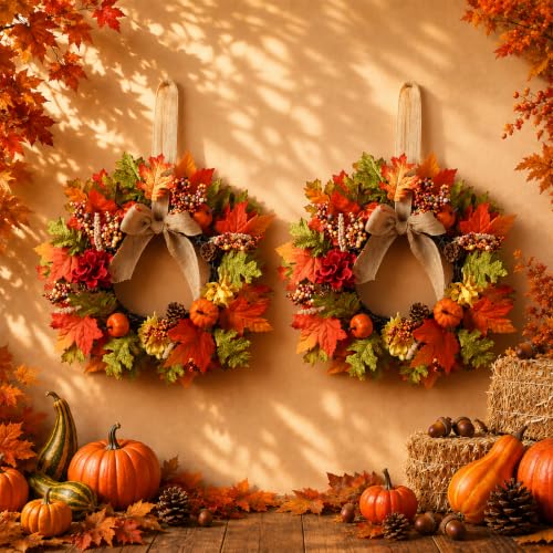 Sosation 2-Pack 16 Inch Fall Wreaths for Front Door - Autumn Harvest Decor