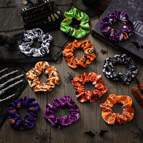 Halloween Satin Hair Scrunchies Set - Pumpkin Skull Black Cat Hair Ties, 80 pcs, Variations Include Pumpkin