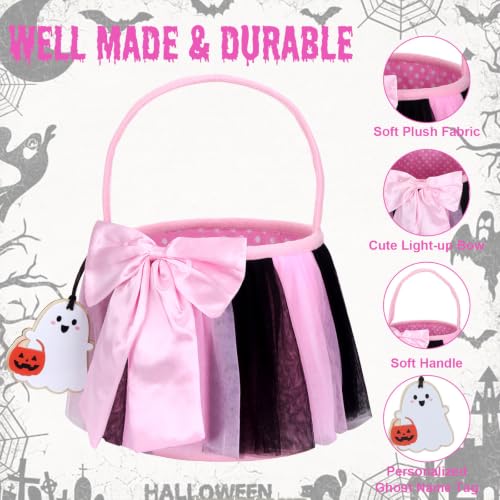 Pink LED Trick or Treat Basket with Bowknot Tulle Skirt - Collapsible Reusable Halloween Candy Bag for Girls