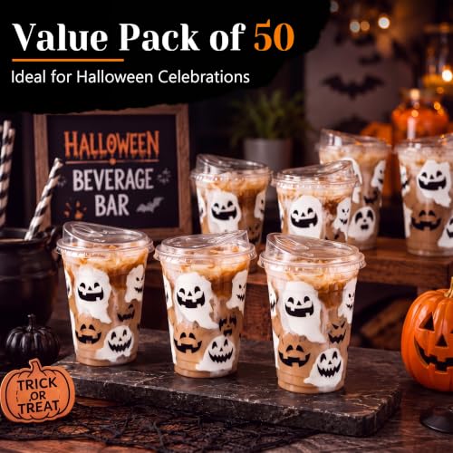 Halloween Pumpkin Cups with Lids - 12 oz, 50 Pack, Pumpkin Variation