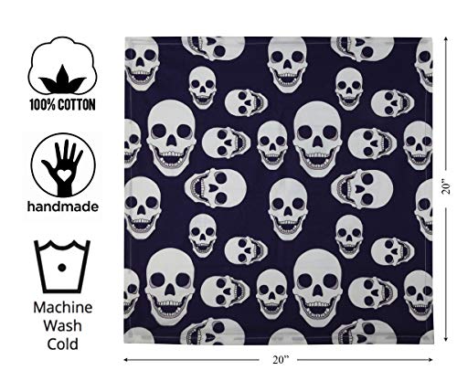Blue & White Skull Printed Cotton Cloth Napkins Set of 4 - Decorative Kitchen Tabletop Halloween