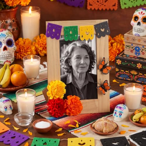 Cute Día de los Muertos Photo Frame Set for Altar - 12 Wooden Frames with Marigold Flowers & Butterflies