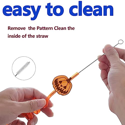 Halloween Crazy Straws Set - 24pcs with Pumpkin Ghost Bat Designs & 8 Colors + 2 Brushes
