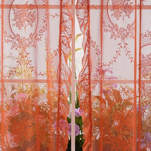 Orange Lace Curtains 55x63 Inches - 2 Panels, Halloween Sheer Floral Window Drapes - Variation of THIS listing