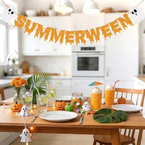 Summerween Banner Decorations Spooky Halloween Party Garland - Glitter Orange