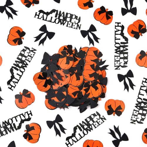 Halloween Confetti - 200Pcs Black Bows Pumpkin & Happy Halloween Decorations