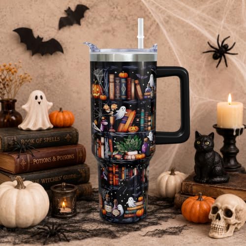 Halloween Bookshelf 40 oz Tumbler with Handle & Straw - Spooky Book Lover Gift