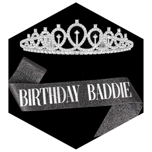 Birthday Baddie Crown and Sash Set for Women - Silver & Black, One Size