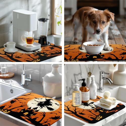 Halloween Witch & Castle Dish Drying Mat 18x24 Inch - Fall Kitchen Decor, Absorbent Microfiber Counter Protector