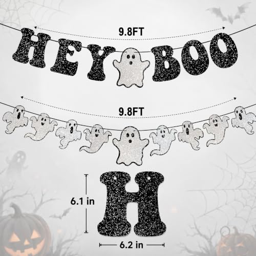 Halloween Banner with Ghost Garland - Black Glitter 'Hey Boo' Party Decor