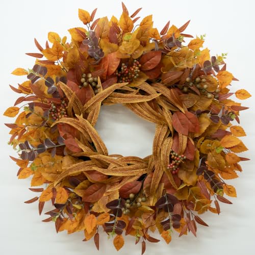 Orange Fall Wreath for Front Door - 26 Inch Eucalyptus Berry Decor