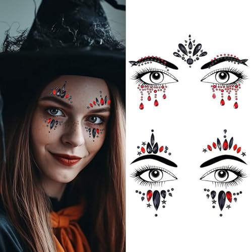 A-2p Halloween Face Jewels Gems Rhinestone Crystal Body Stickers - Black & Red