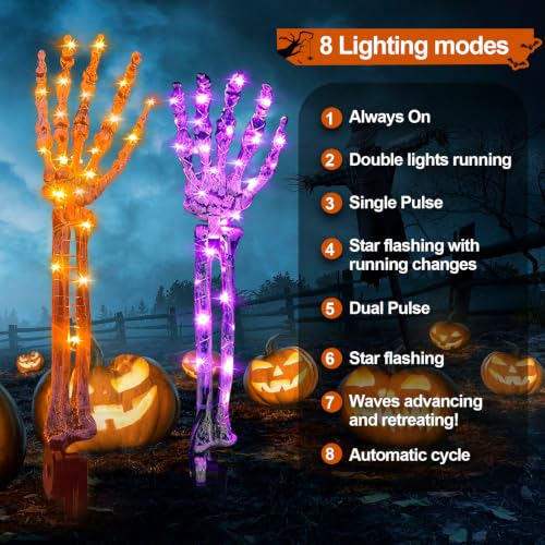 Solar Halloween Skeleton Hand Stakes - 5 Pack Purple & Orange LED Pathway Lights - Waterproof Outdoor Yard Decorations - Variation: Orange Skeleton Hands
