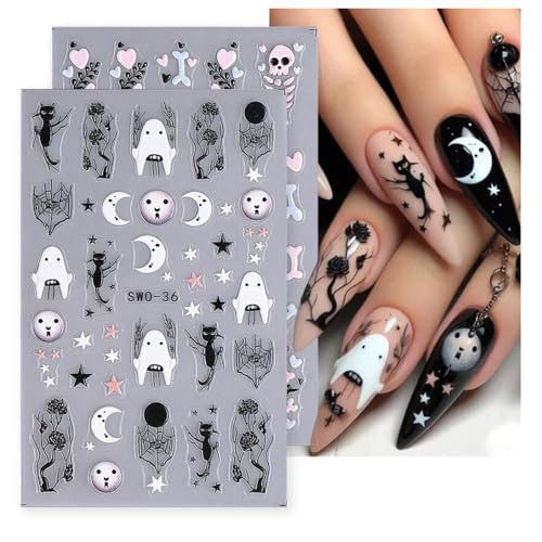 Halloween Nail Stickers with Rhinestones - Ghost Variation, Self-Adhesive Skeleton Spider Web 4 Sheets