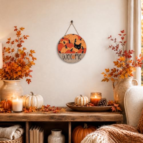 Fall Welcome Wooden Door Hanger with Black Cat and Pumpkin - Cat Fall Variation