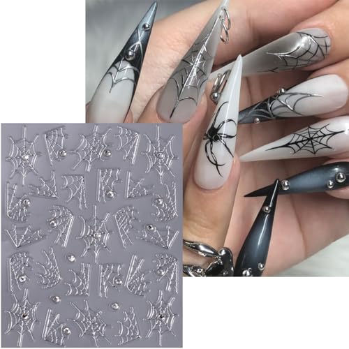 Halloween Nail Stickers Set - 4 Sheets 5D Embossed Spider Web Ghost Rhinestones