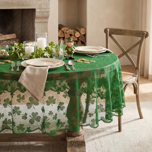 Horaldaily St. Patrick's Day Round Lace Tablecloth 60x60 Inch Green Shamrock