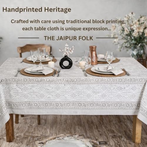 Hibiscus Grey Vine Floral Rectangle Cotton Tablecloth 72x120 Inch - Hand Block Printed for Dining & Festive Use