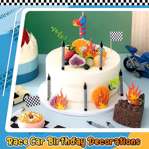 Race Car Birthday Number 1 Candle & Checkered Cake Topper Set - Racing Theme