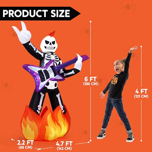 6ft Halloween Inflatable Skeleton with Guitar, LED Lights & Haunted Music Outdoor Decor