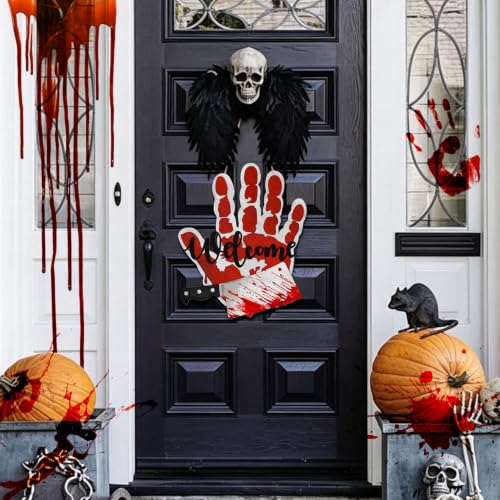 Halloween Bloody Handprint Welcome Sign for Front Door Horror Knife Decor